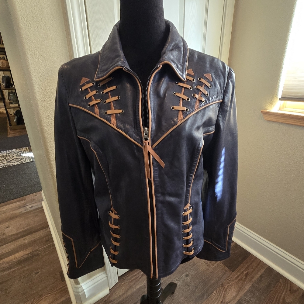 Like New ! Double D Ranch NAVY Blue Leather Jacket